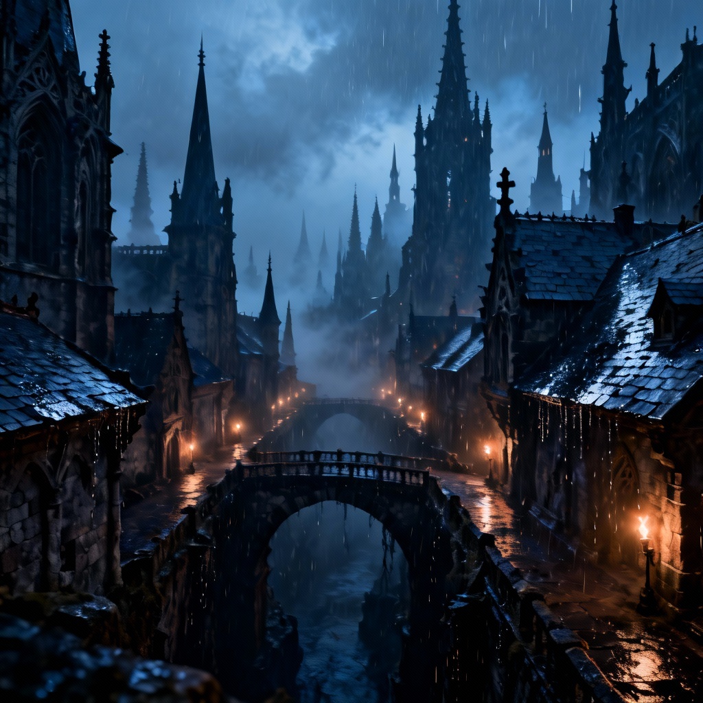 AI dark fantasy Gothic city with spires and fog