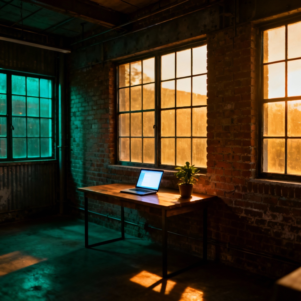 AI industrial loft office photo with moody ambient light