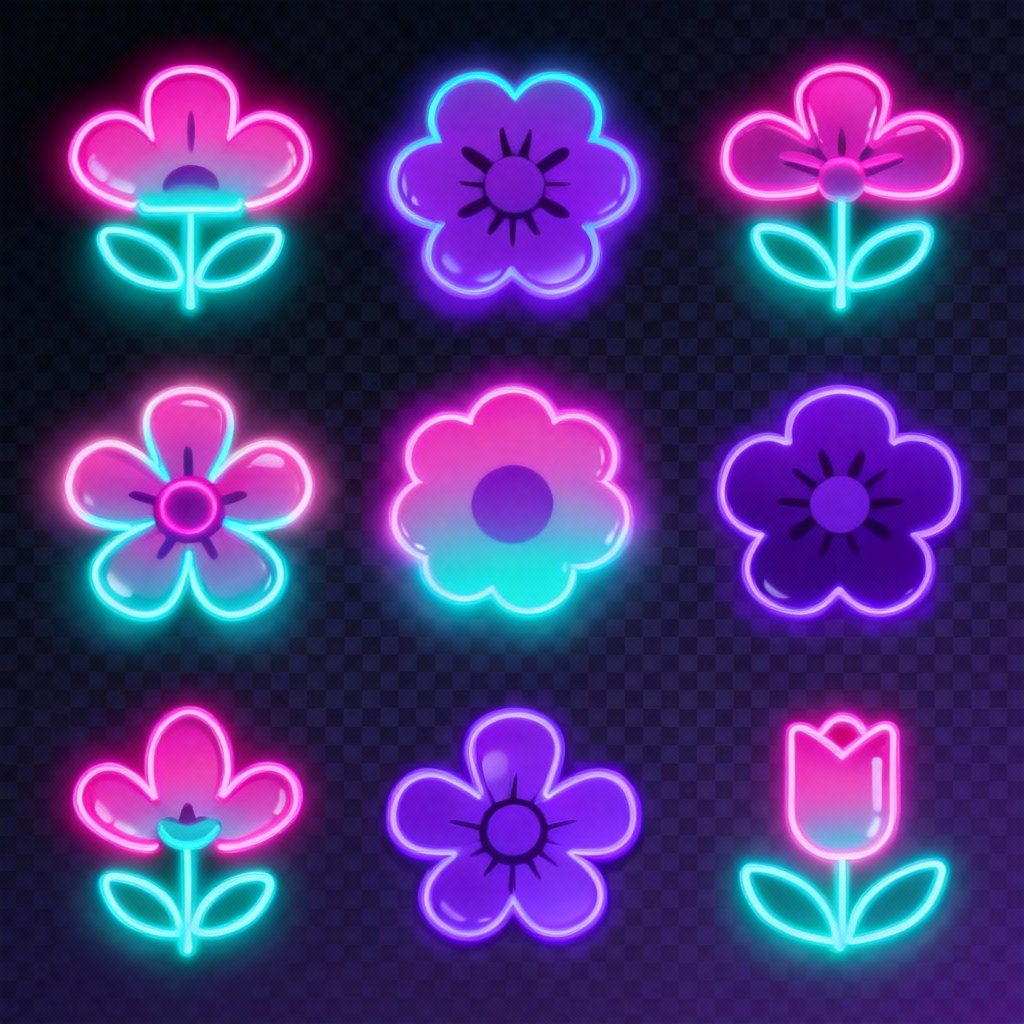 AI neon gradient flower icons with glossy glow