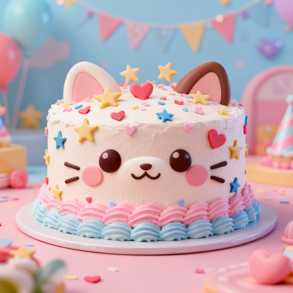 AI kawaii character birthday cake with pastel fondant