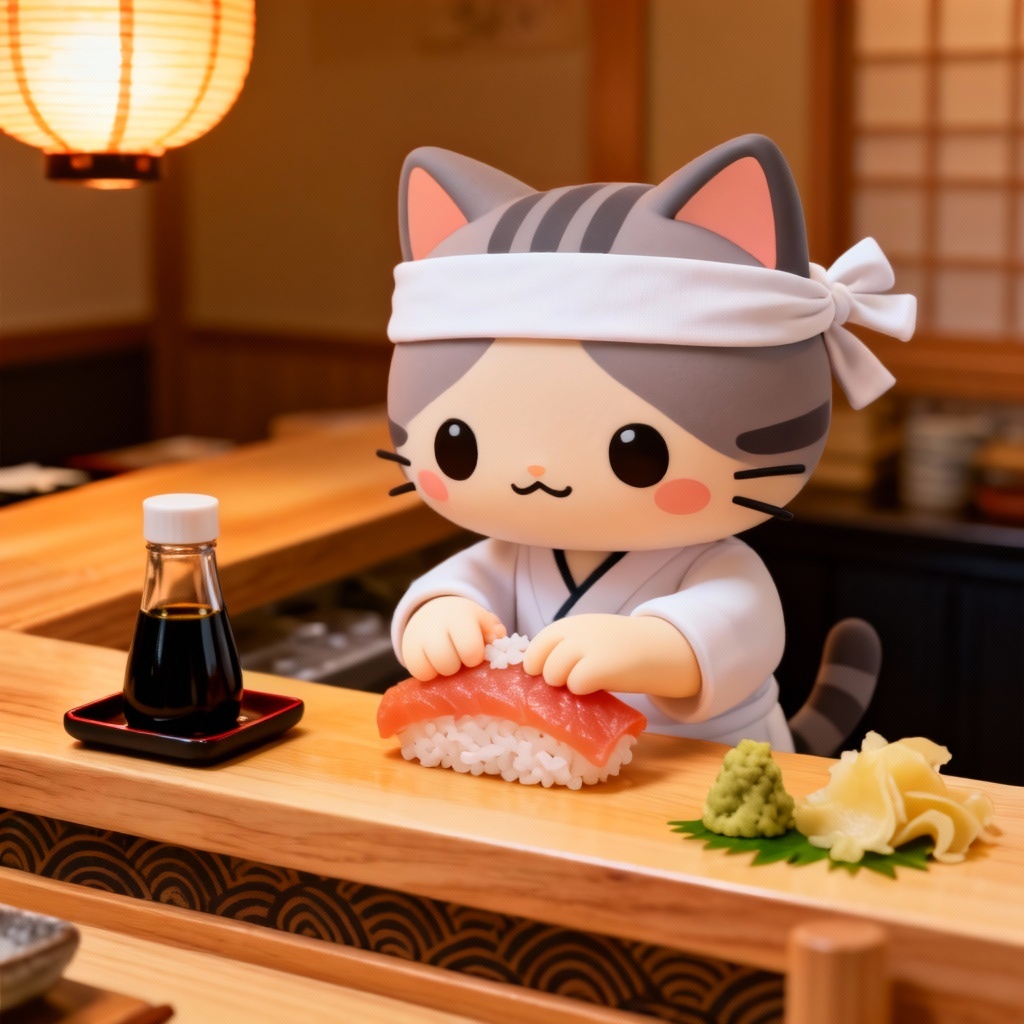 Cat chef making sushi at a counter
