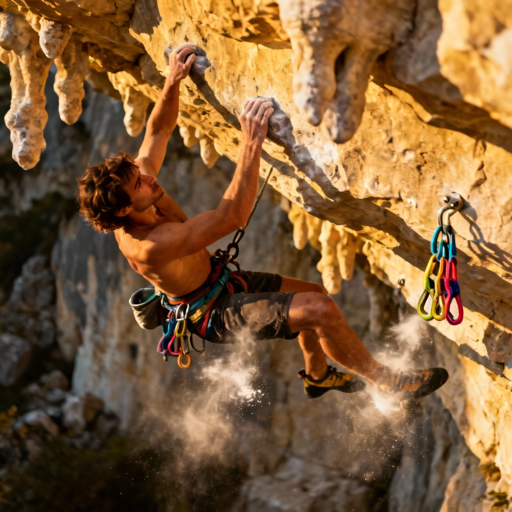 AI sport climber redpointing a tufa overhang
