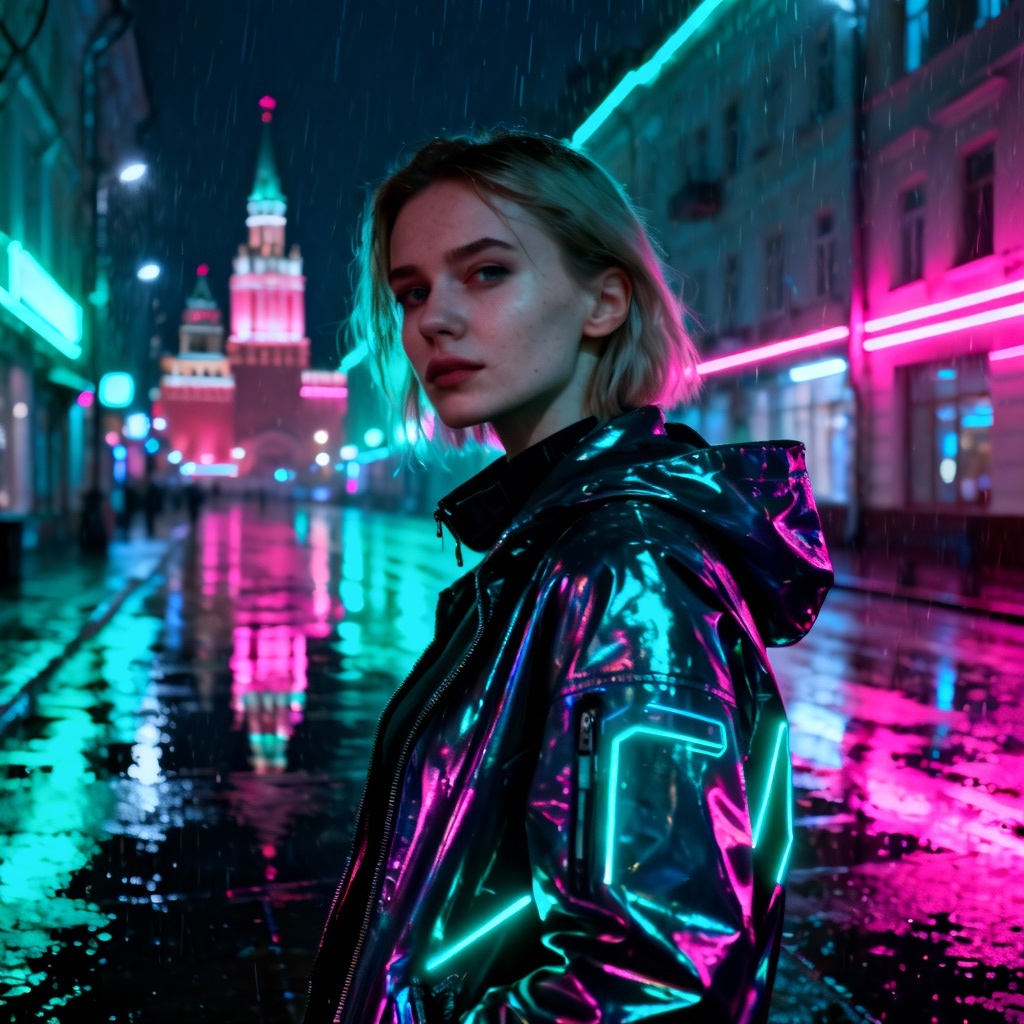 Cyberpunk Russian girl in neon city