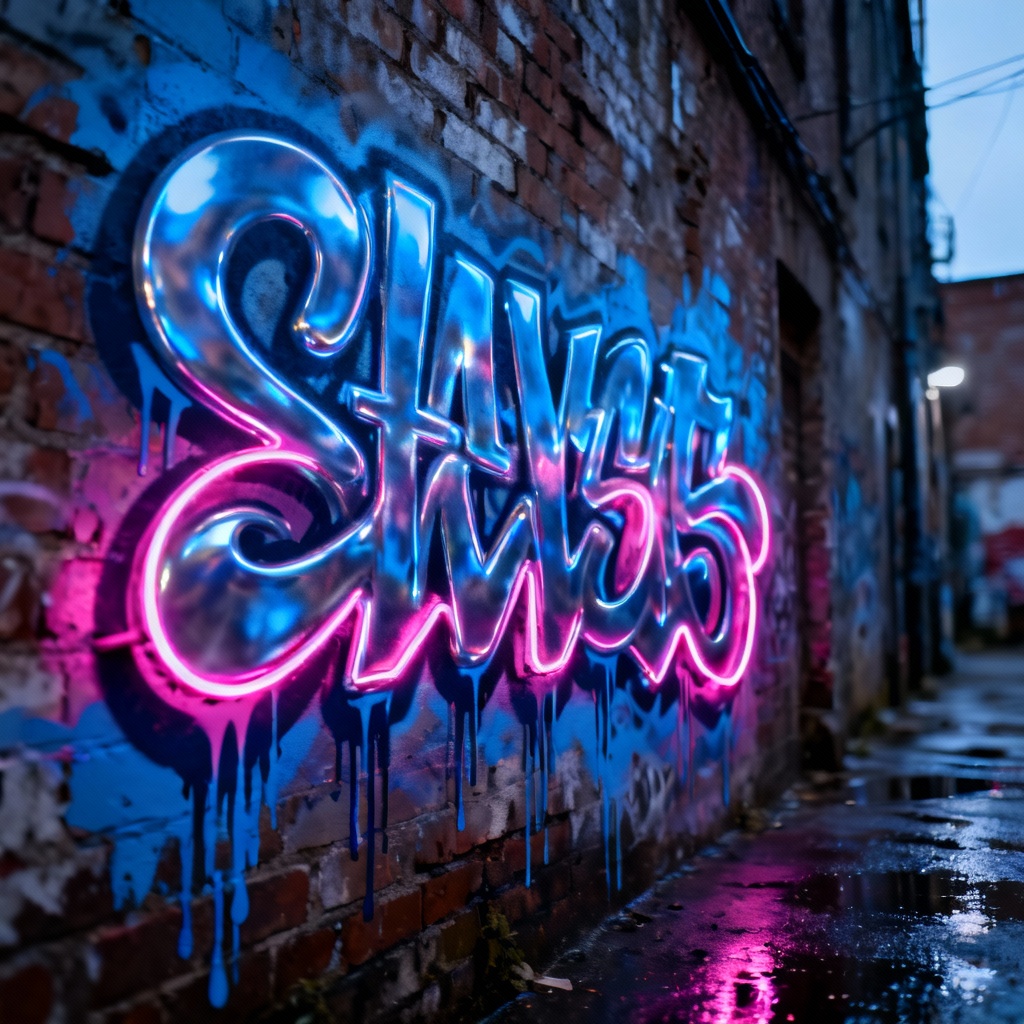 AI chrome wildstyle graffiti on brick wall