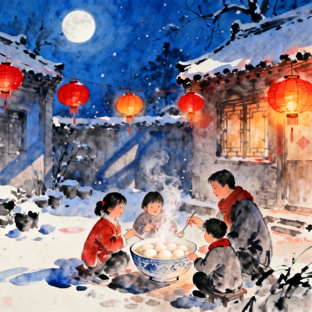 AI snowy courtyard with tangyuan and lanterns at night