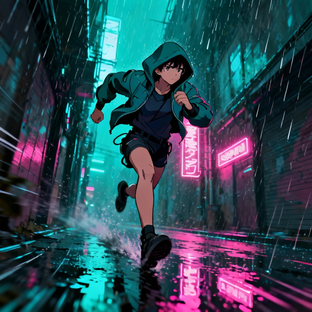 AI cyberpunk anime runner in neon alley