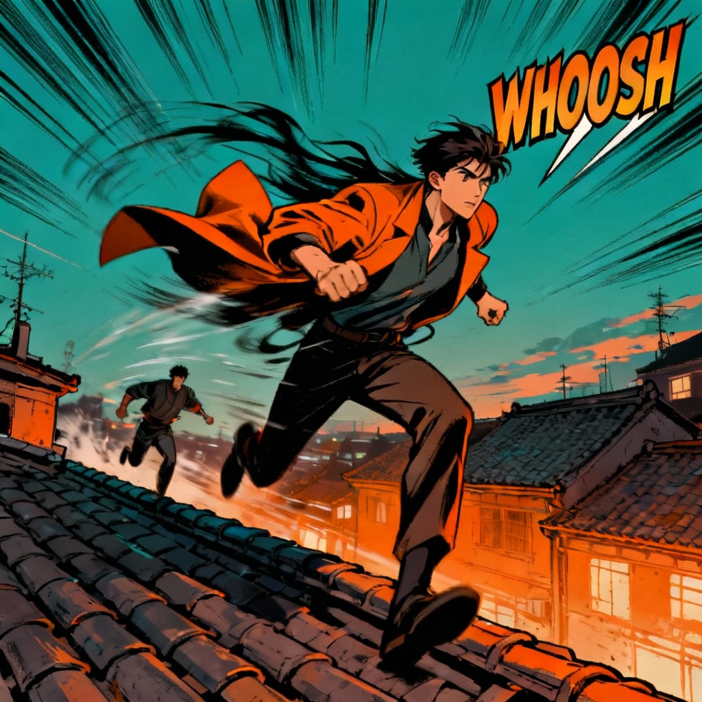 AI manhwa action rooftop chase with dynamic motion