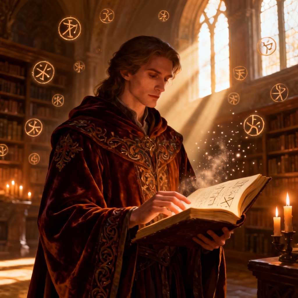 AI fantasy mage adventurer in ancient library