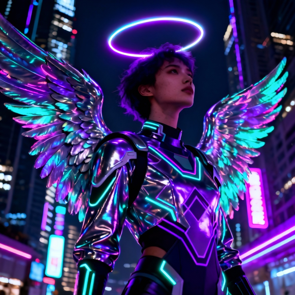 Futuristic portrait with metallic neon angel wings