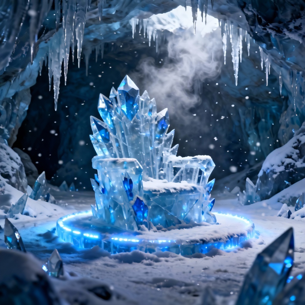AI crystal ice throne in frosty cavern