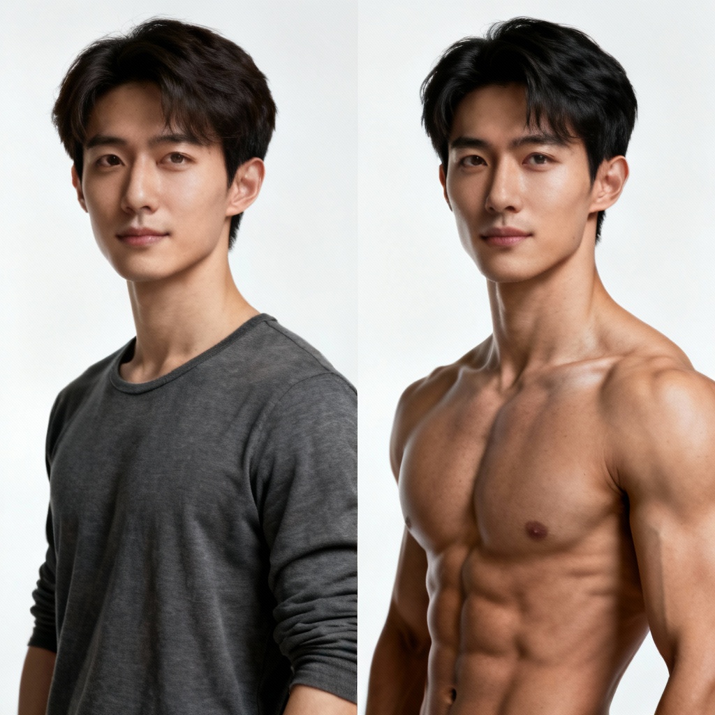 AI body swap split view showing original and swapped result