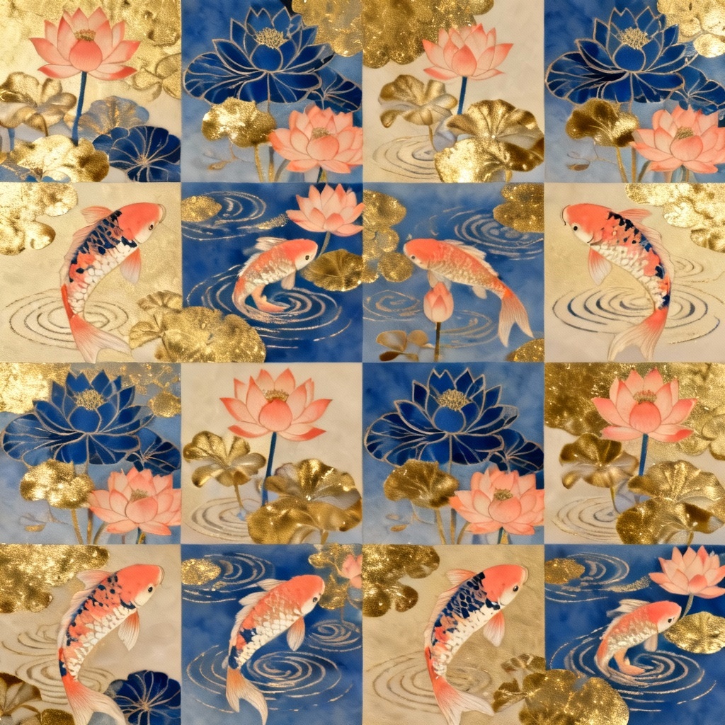 AI kimono pattern of koi fish and lotus