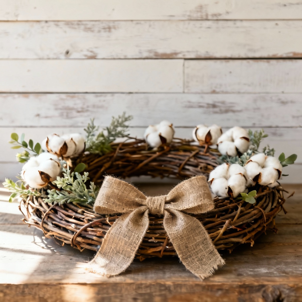 AI farmhouse grapevine wreath with burlap and cotton bolls