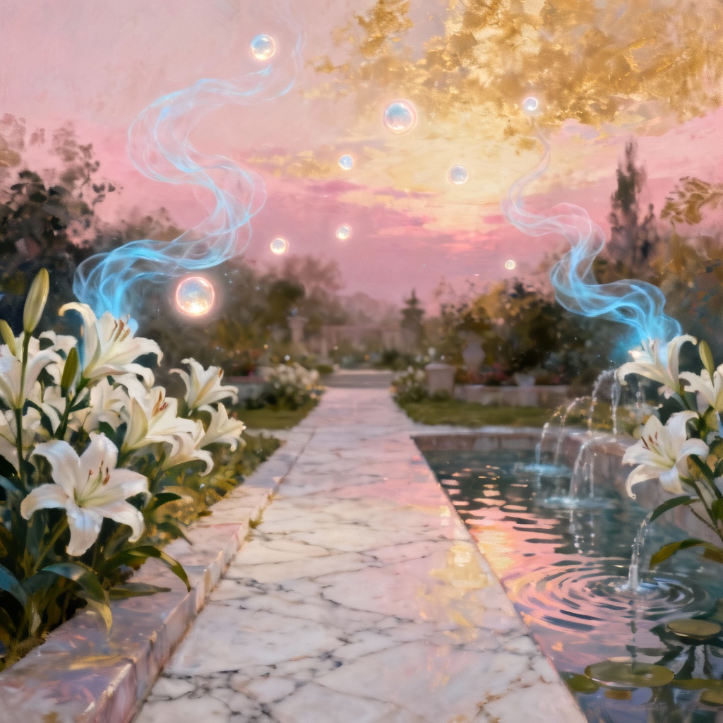 AI heavenly garden at dawn with angelic path and blossoms