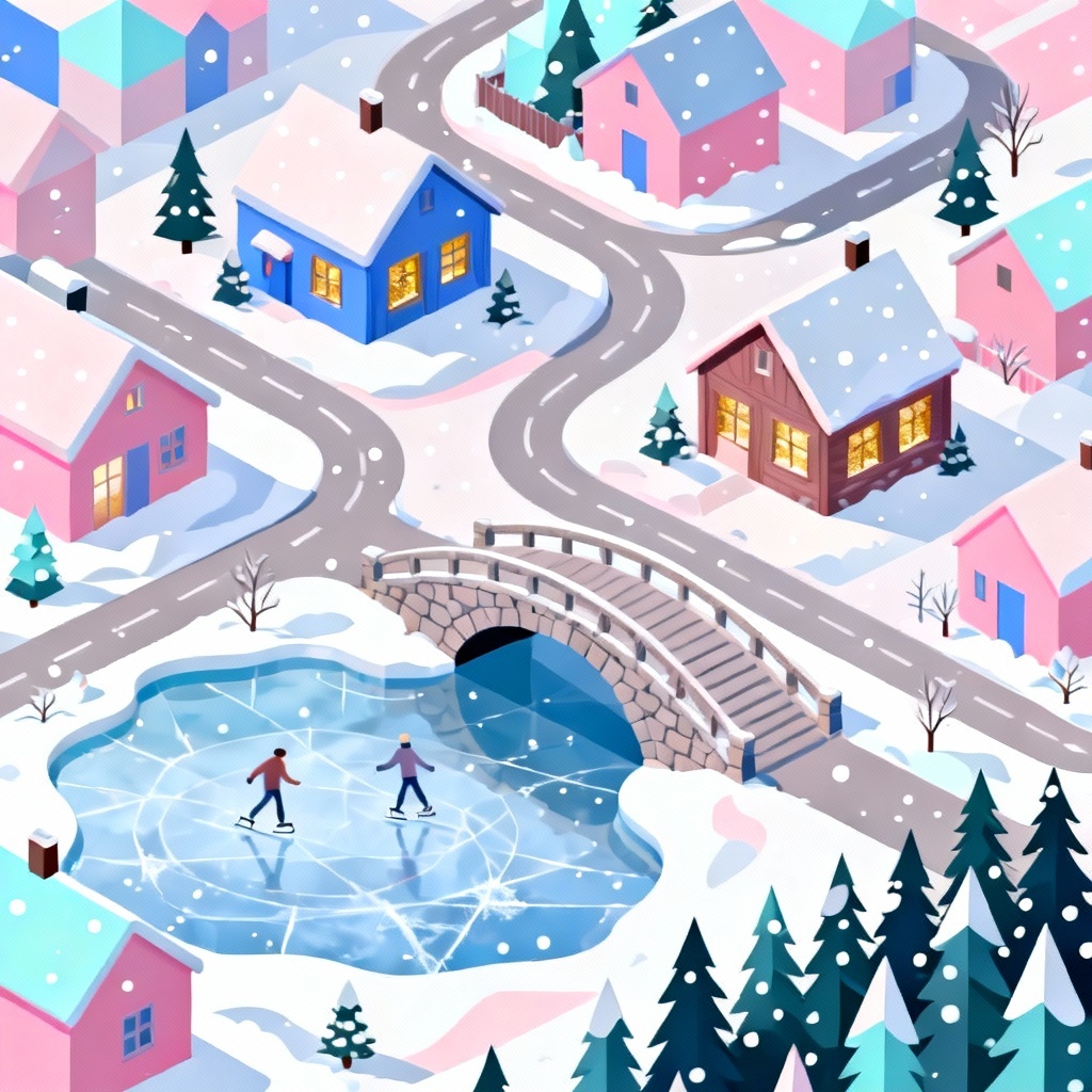 Isometric AI snowy village map with cabins and frozen pond