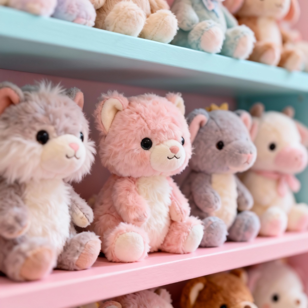 AI plush toy collection in pastel setup