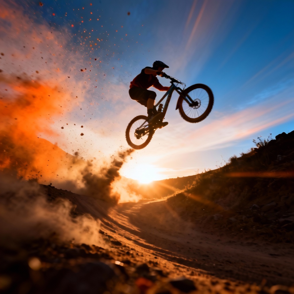 AI golden hour action shot of biker with dust and dramatic sunset