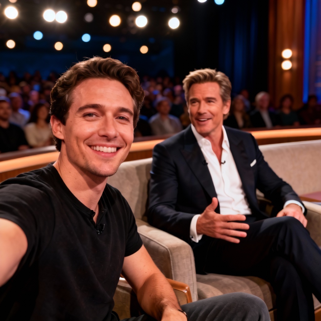AI talk show studio selfie with celebrity lookalike