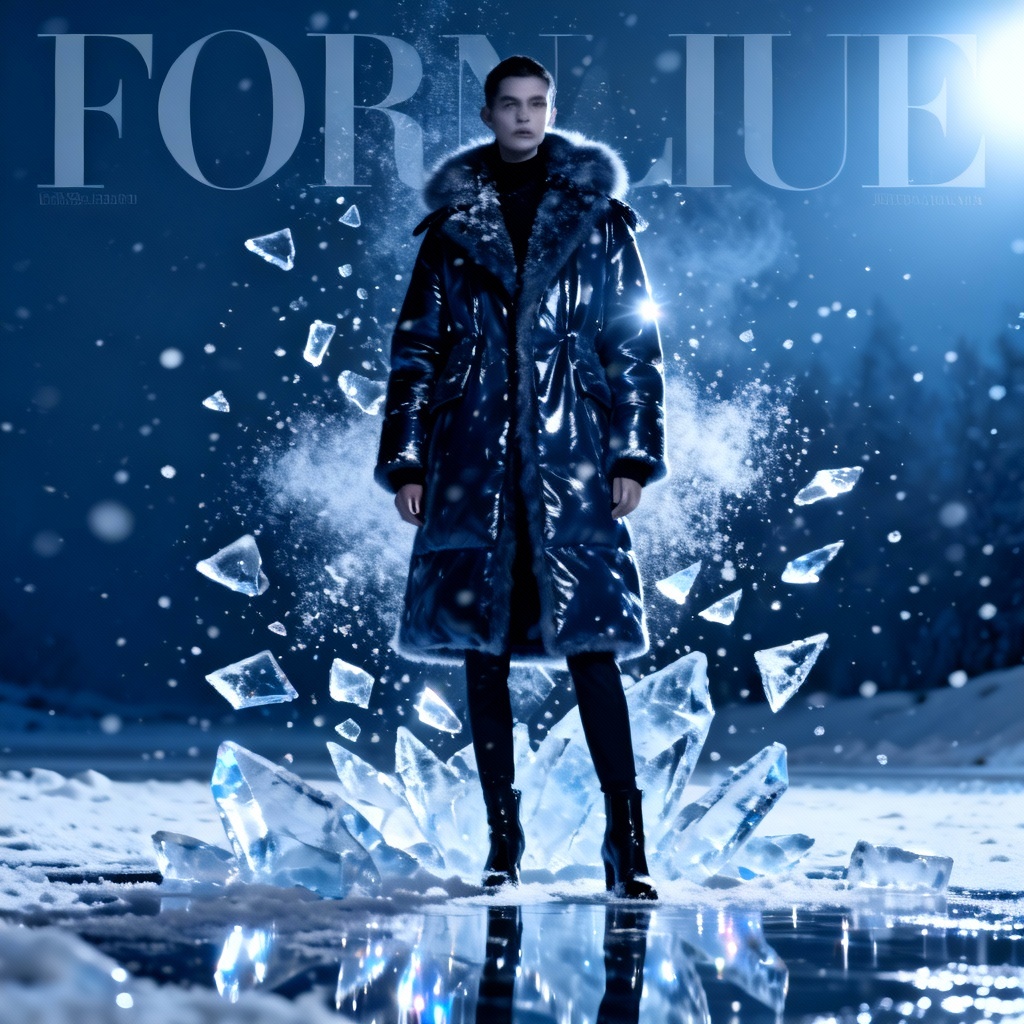 AI glacier-inspired fashion editorial with icy overlays