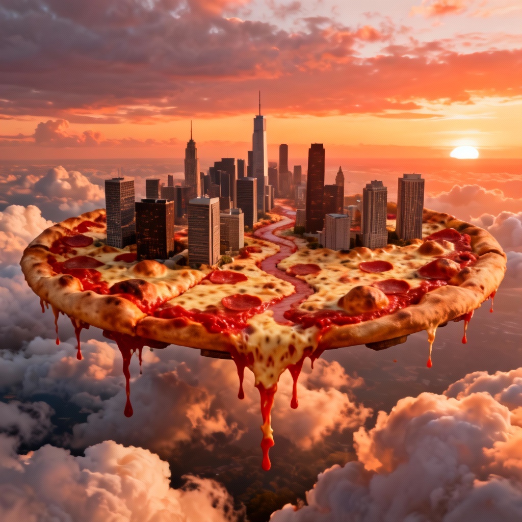 Landscape skyline converted into a giant pizza planet