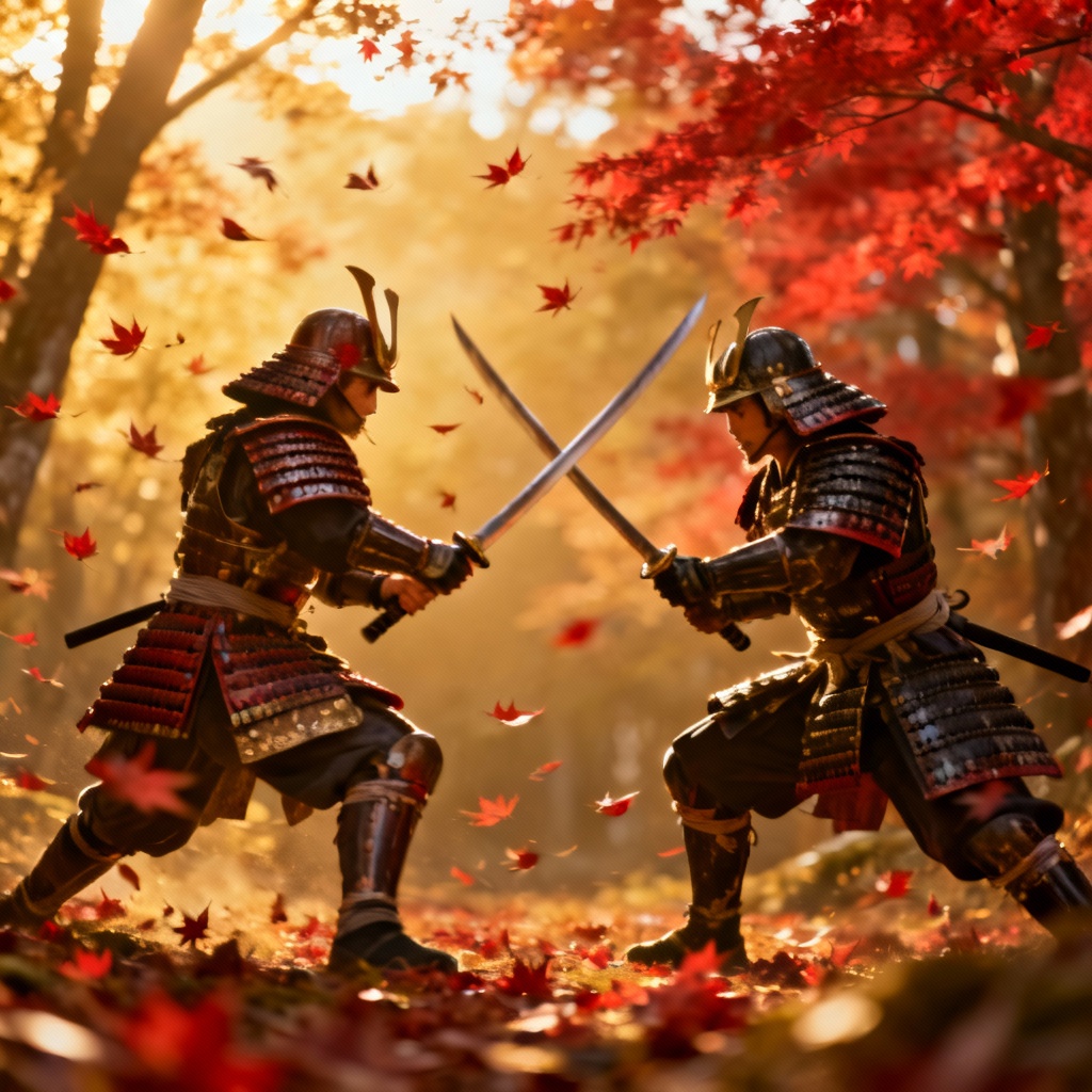 AI samurai standoff in a crimson forest with falling leaves
