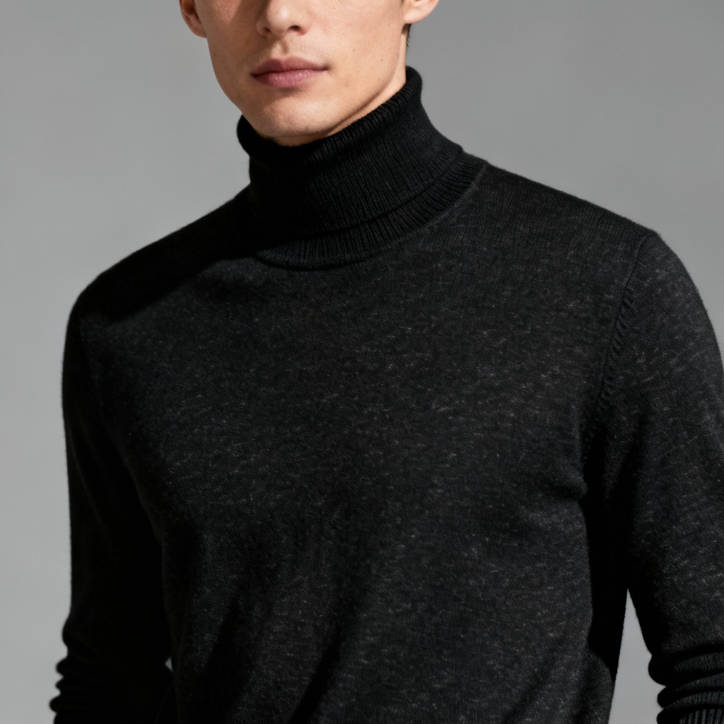 AI minimalist merino black turtleneck mockup on model