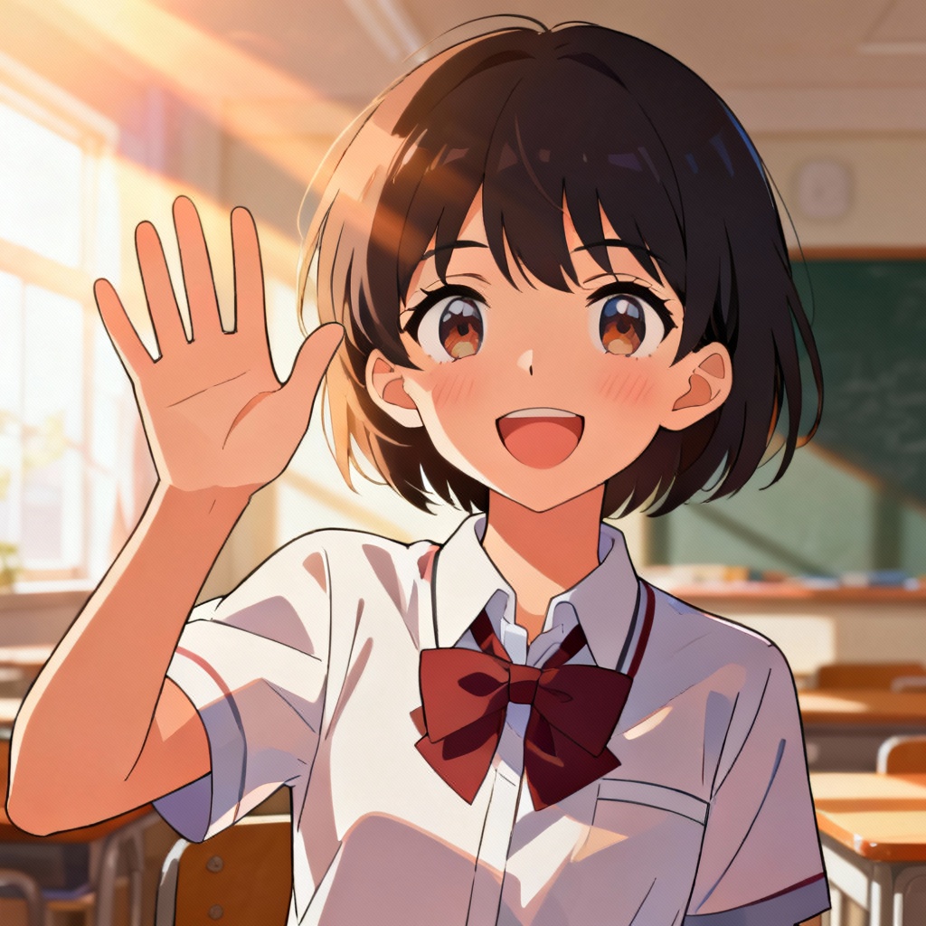 Anime student waving hello welcoming gesture