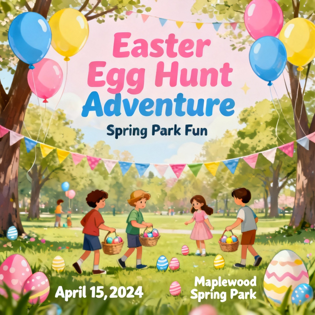 Colorful Easter egg hunt poster with kids and bunting