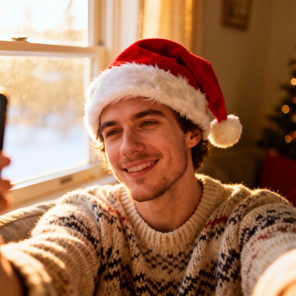 AI modern selfie of Santa in cozy winter fashion
