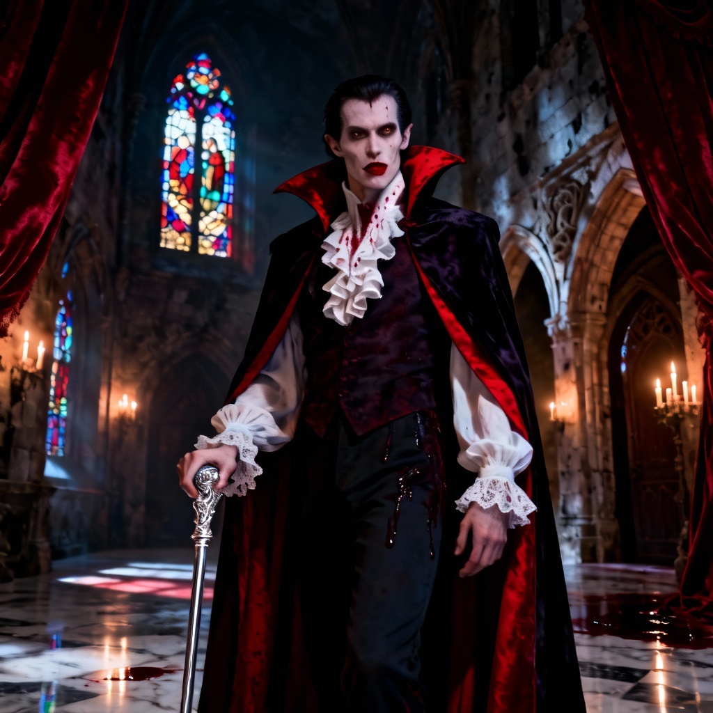 AI classic vampire count costume in gothic castle