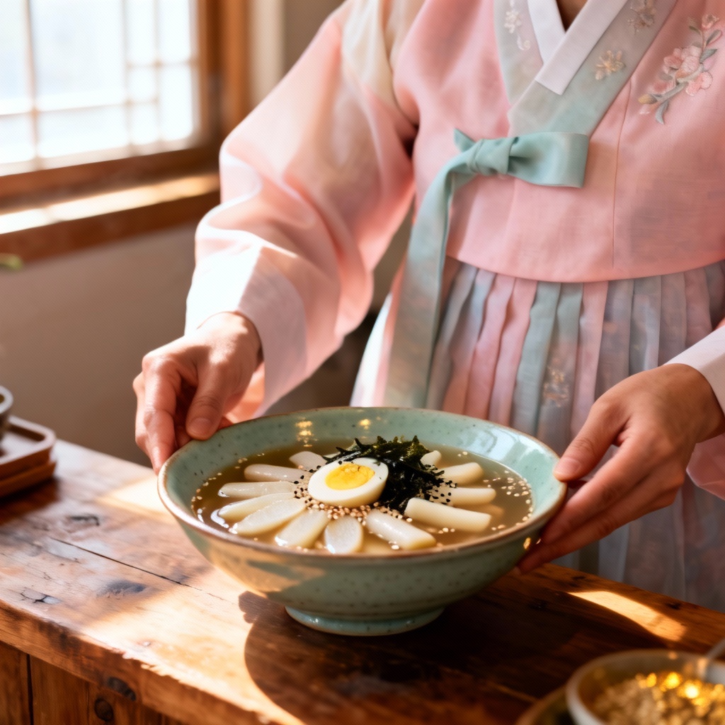 AI chef in hanbok plating tteokguk in a celadon bowl