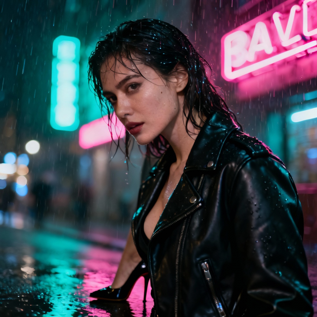 Adult model girl portrait with neon urban night lights