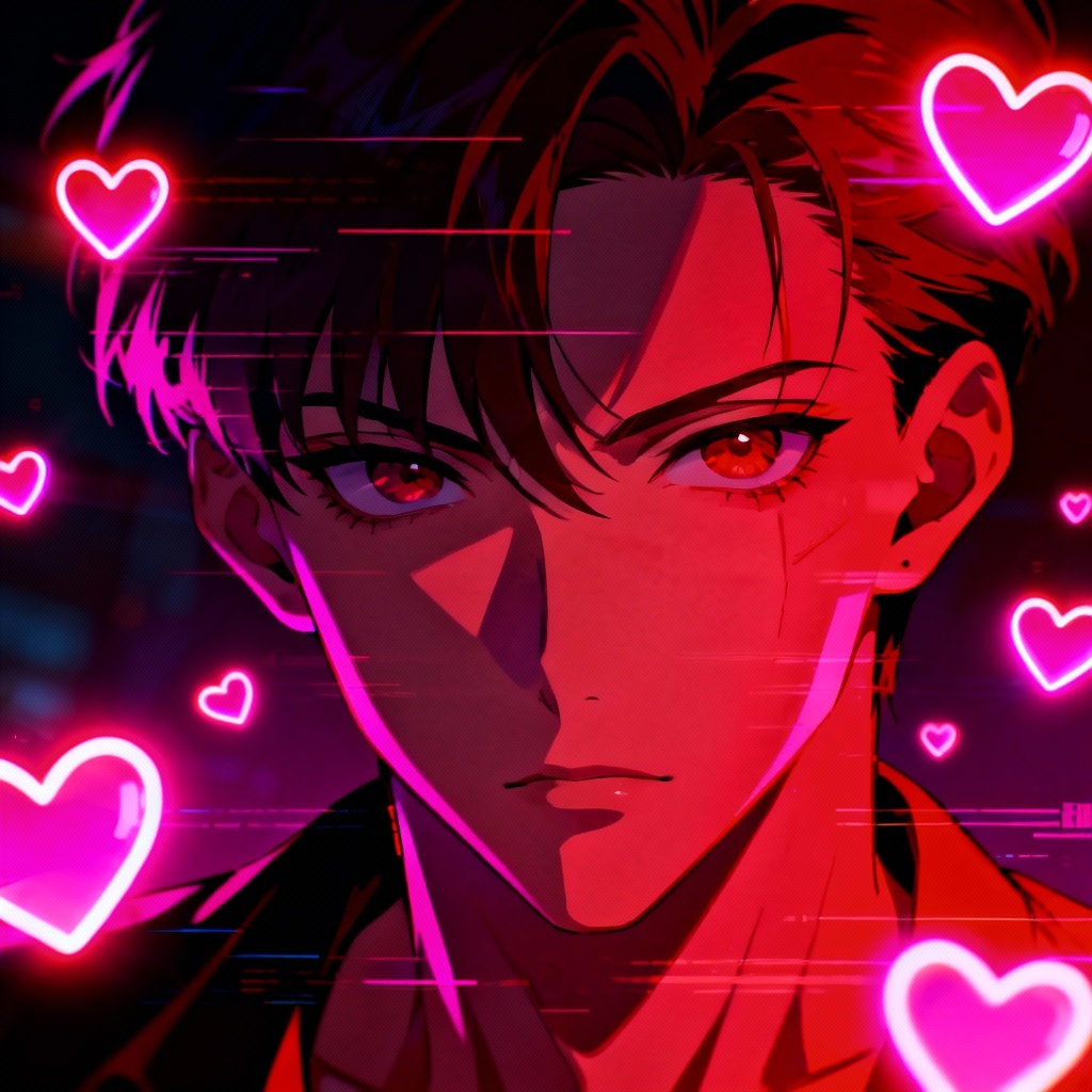Yandere aesthetic with neon hearts and VHS glitch effect