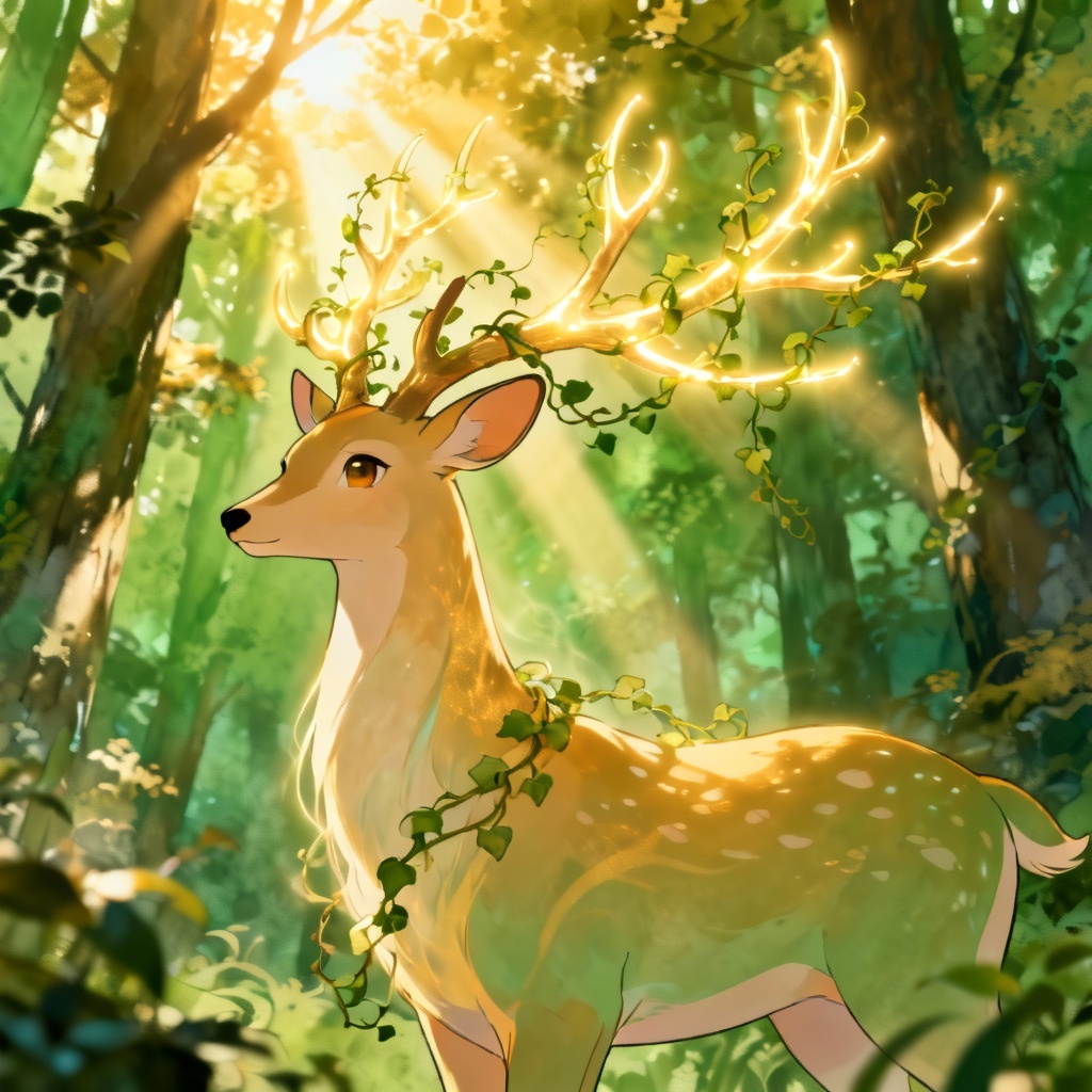 Anime deer spirit with glowing antlers in a forest