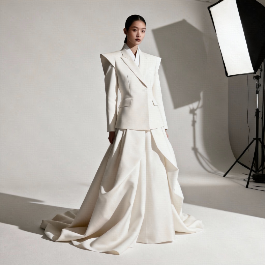 AI studio lookbook of a high-fashion monochrome hanbok