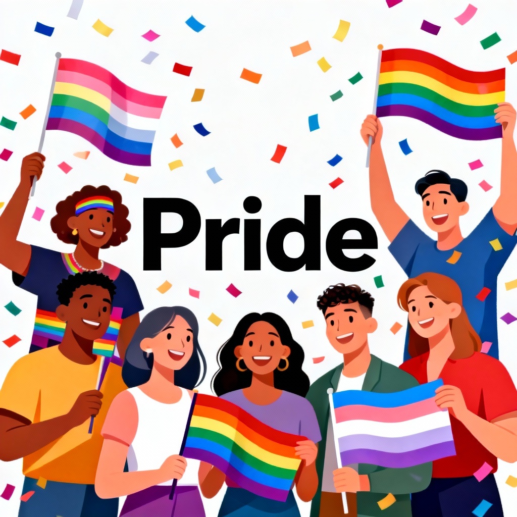 AI LGBT pride poster with diverse adults and rainbow flags