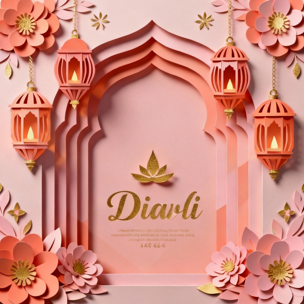 AI paper-cut Diwali card with lanterns and florals