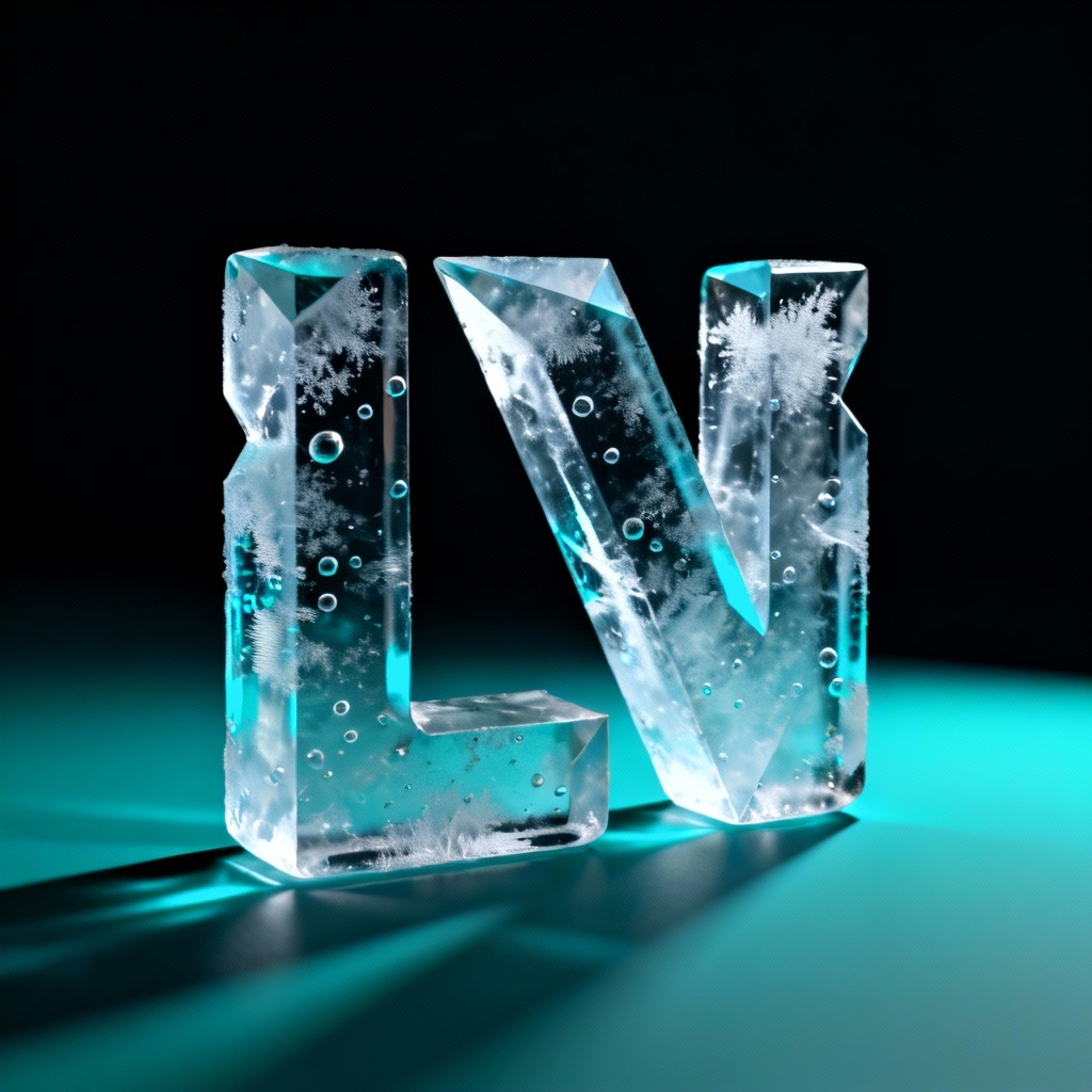AI ice text logo carved in translucent ice