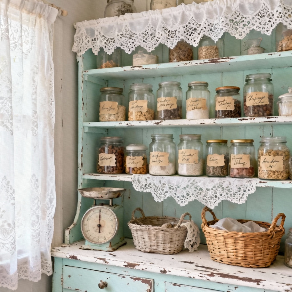 AI shabby chic pastel pantry with jars and lace curtains
