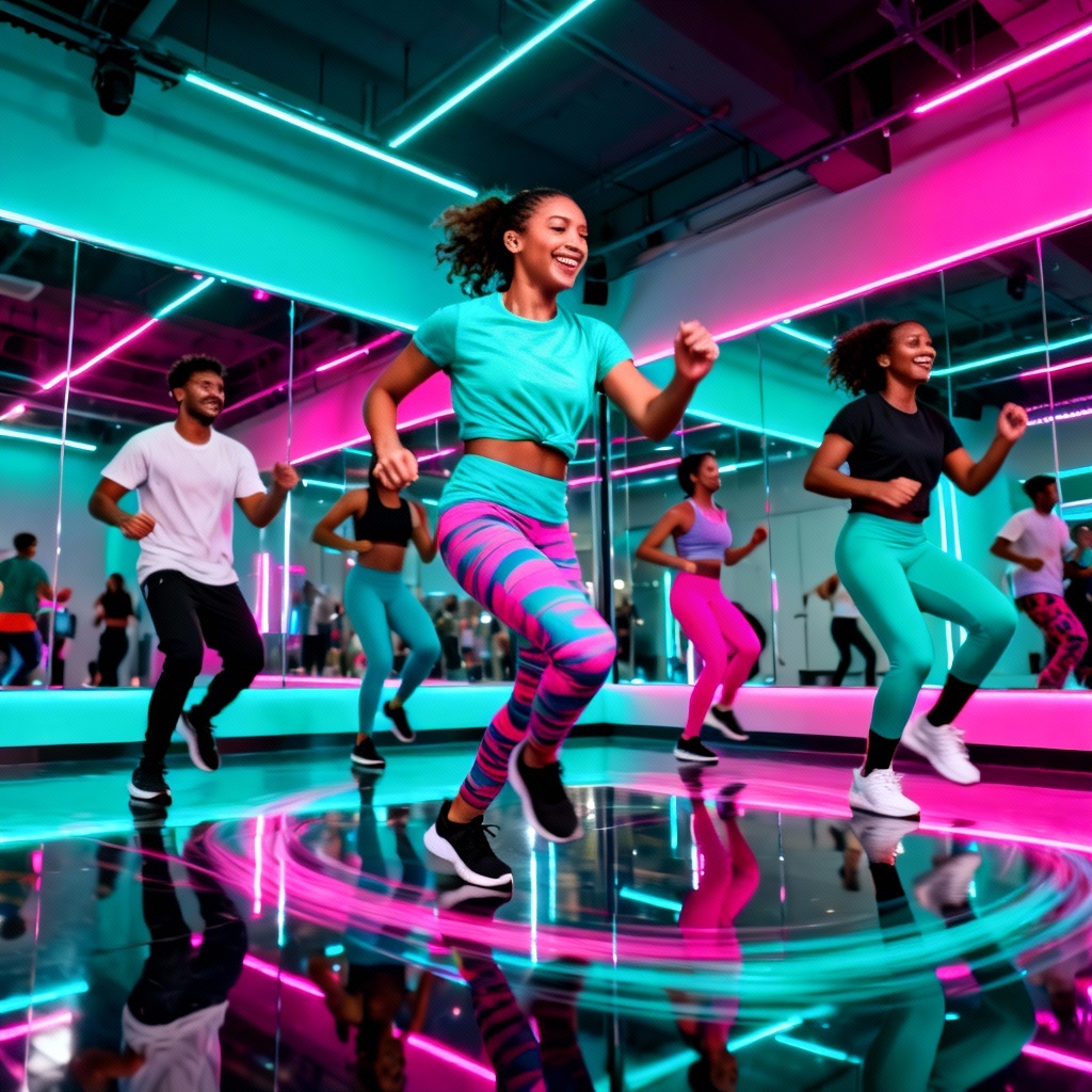 AI Zumba image with dancers performing merengue steps in a neon studio