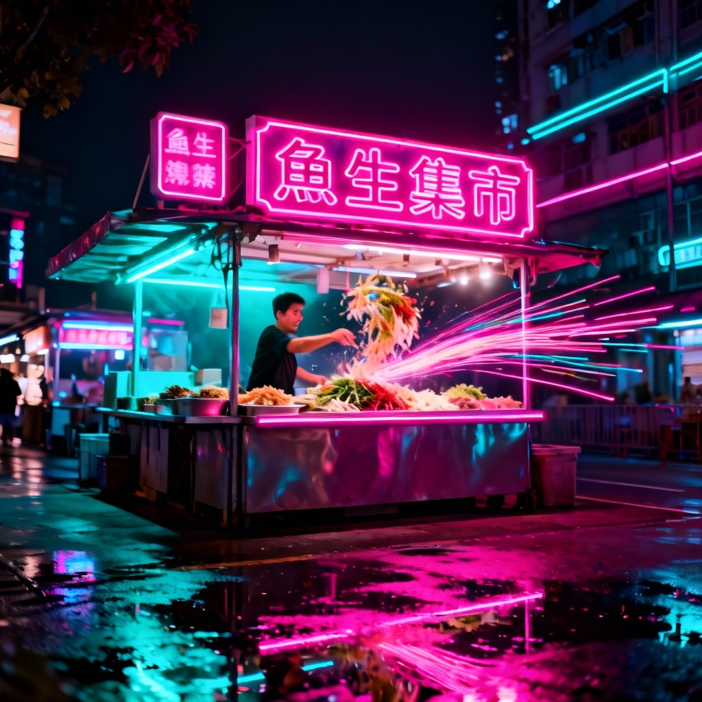 Neon cyberpunk Lo Hei toss at a night market