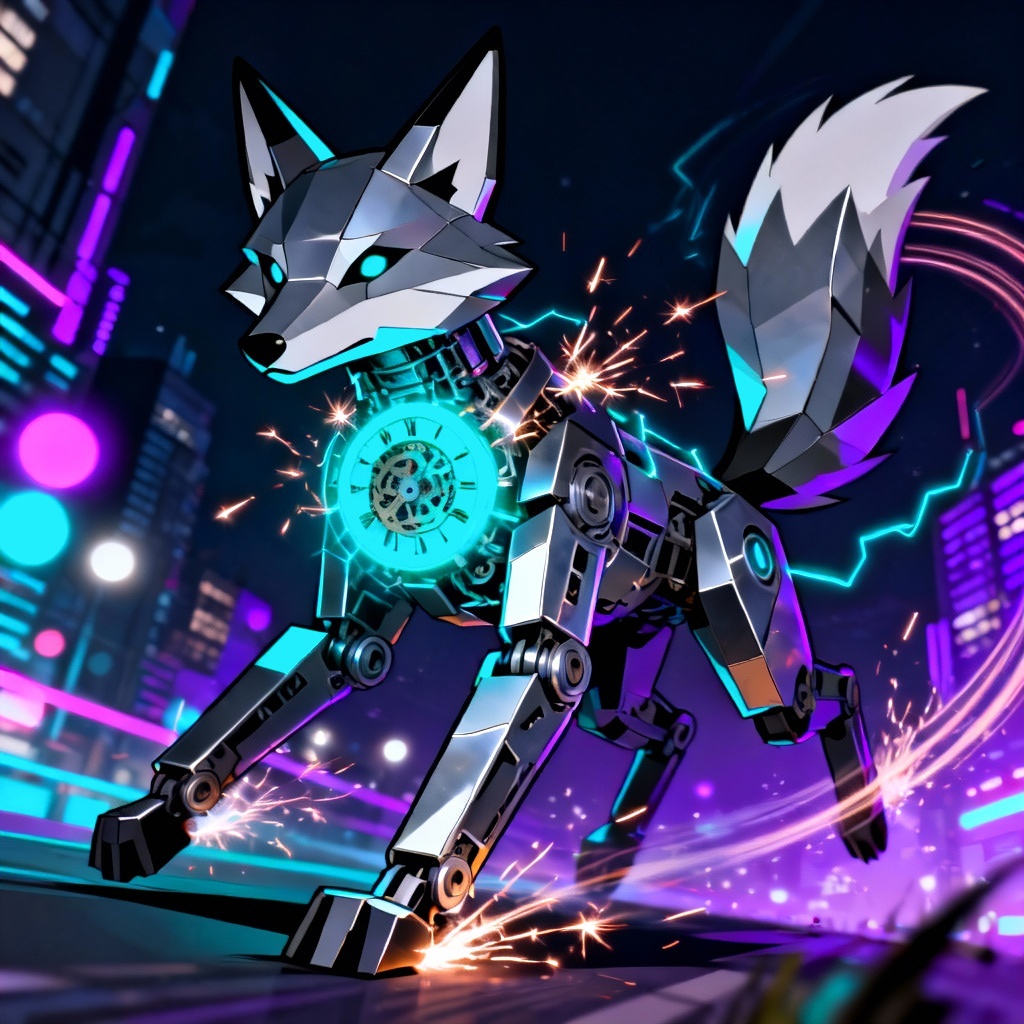 AI steel electric fox with clockwork core