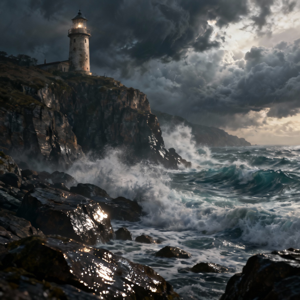AI dramatic lighthouse on stormy cliffs