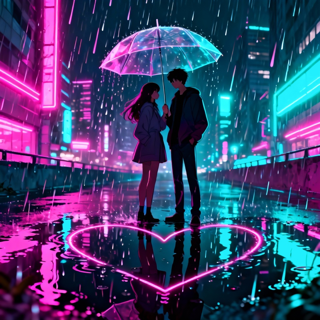 Neon anime love cartoon of a couple under umbrella in rain