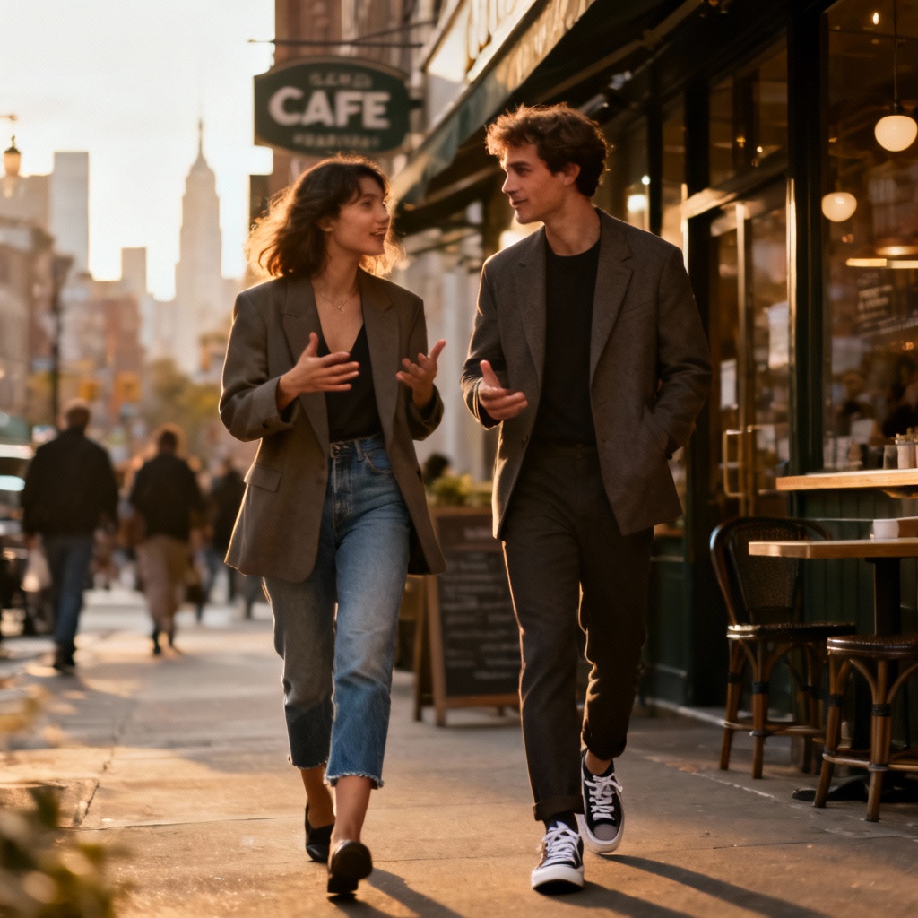 AI couple street fashion portrait outside a cafe