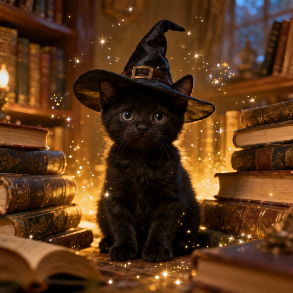 AI black kitten wizard in a magical study
