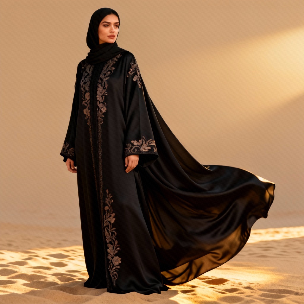 AI generated modern black abaya on neutral backdrop