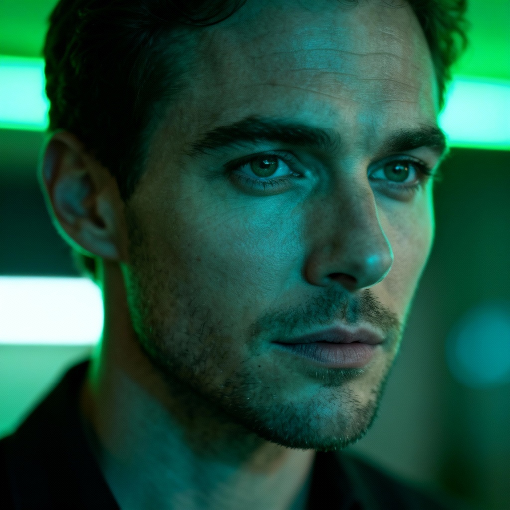 Portrait with cinematic AI green filter and emerald highlights