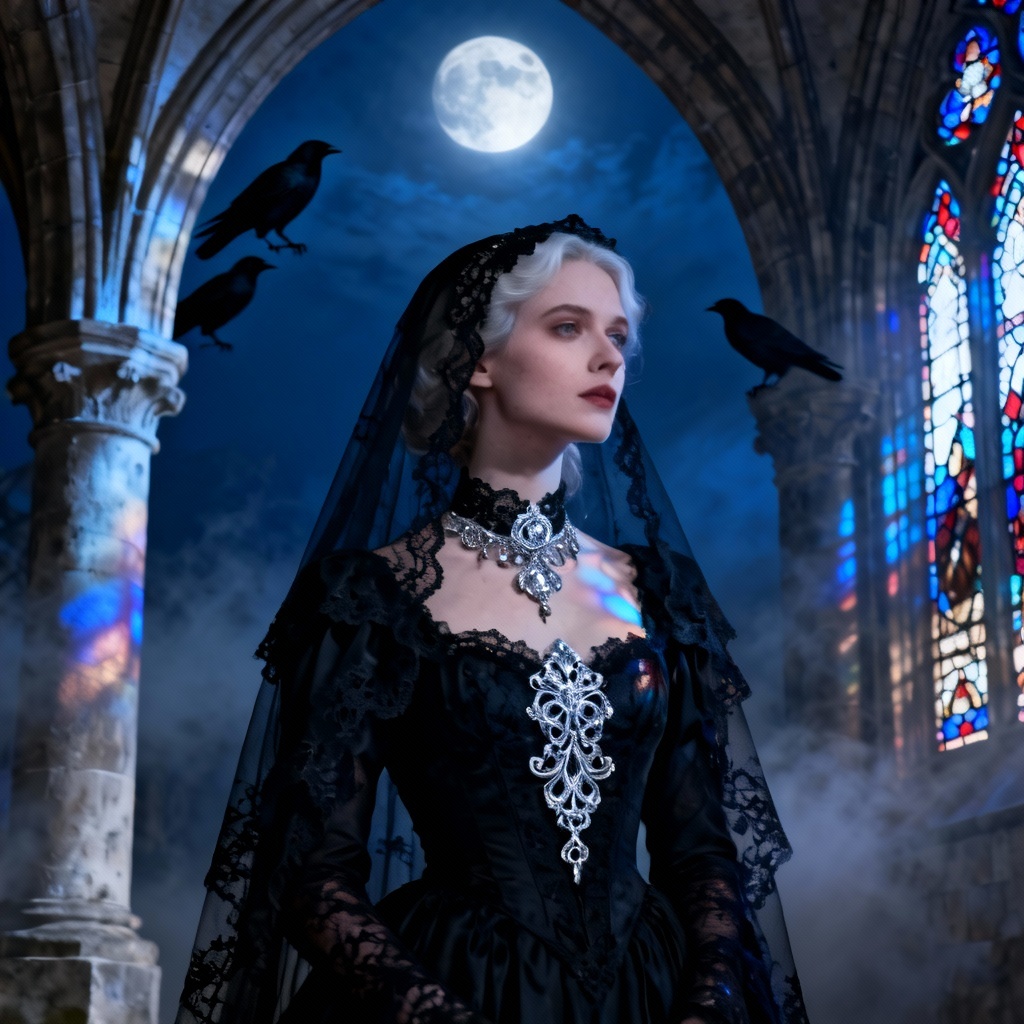 AI gothic portrait in a moonlit cathedral with stained glass