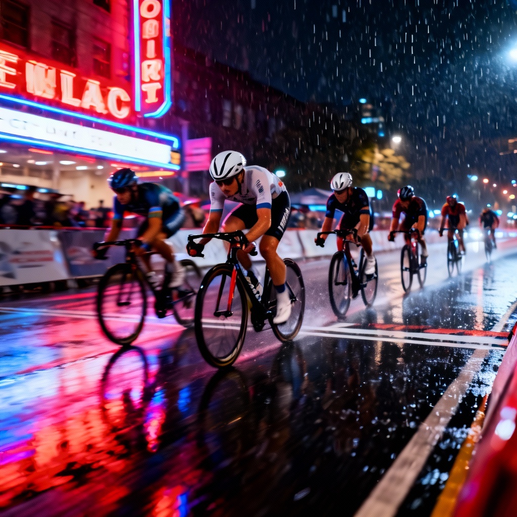 AI urban night criterium with neon reflections and rain-slick streets